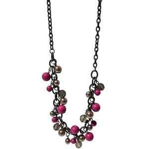 Vintage Beaded Cluster Necklace Pink Bronze Beads Chain Retro Fashion Jewelry